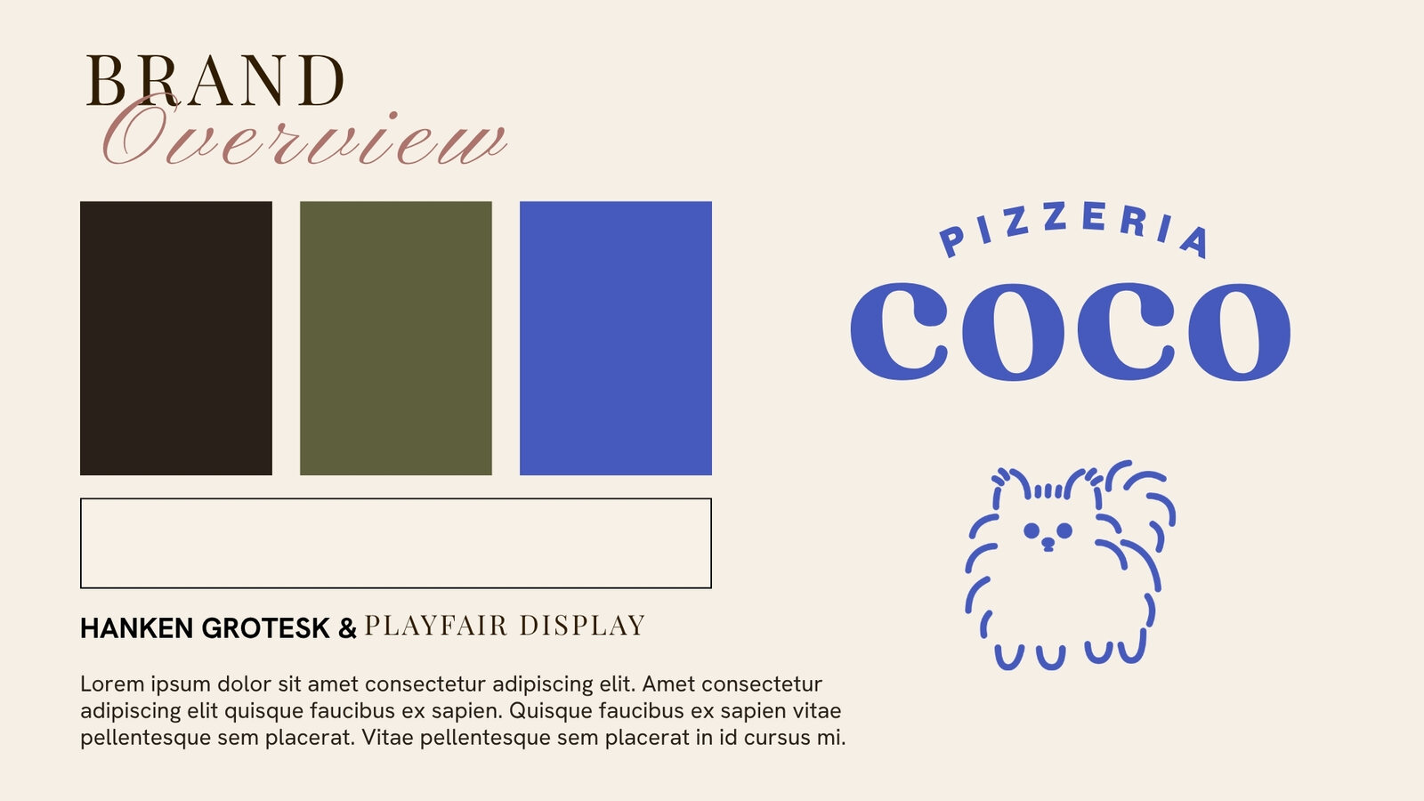 Pizzeria Coco brand board with blue, olive, espresso and cream colors, logo marks and typography