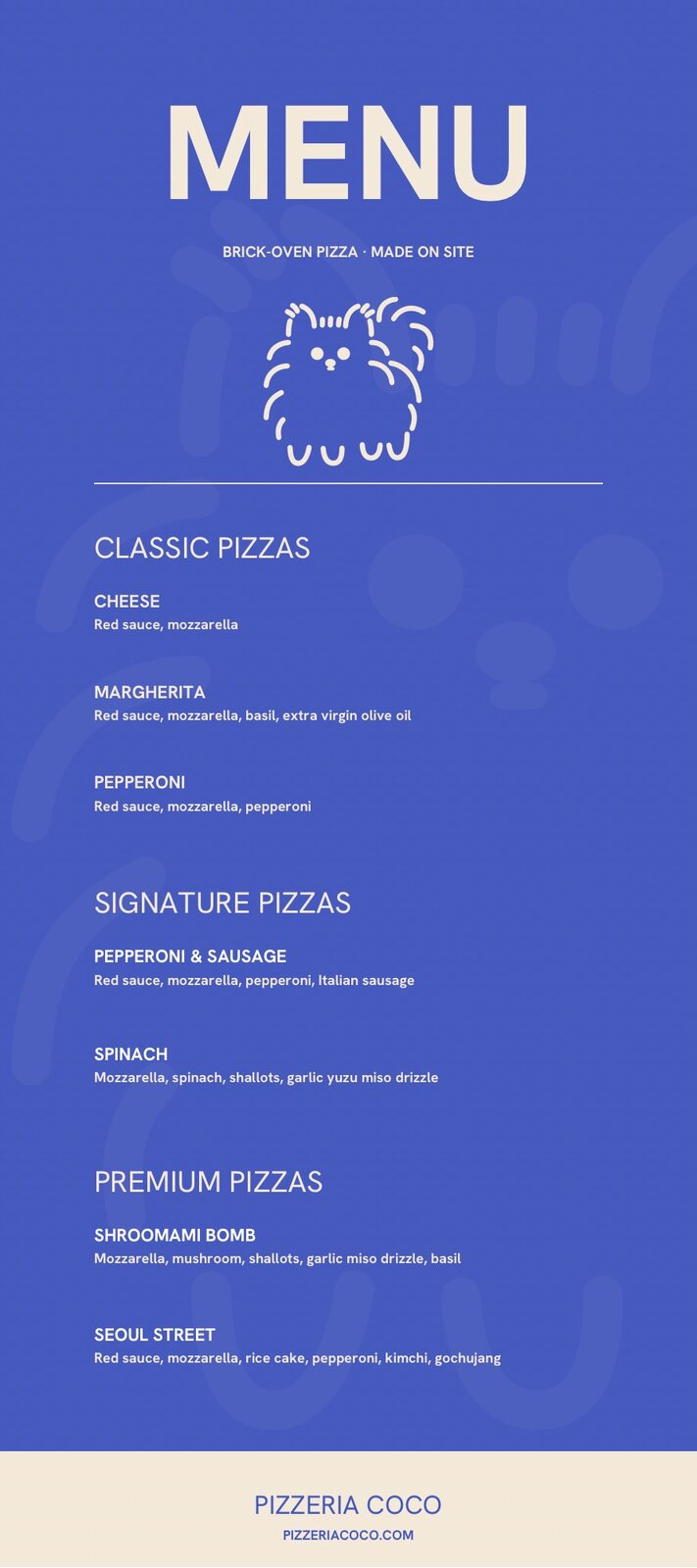Inside menu layout listing Pizzeria Coco catering options