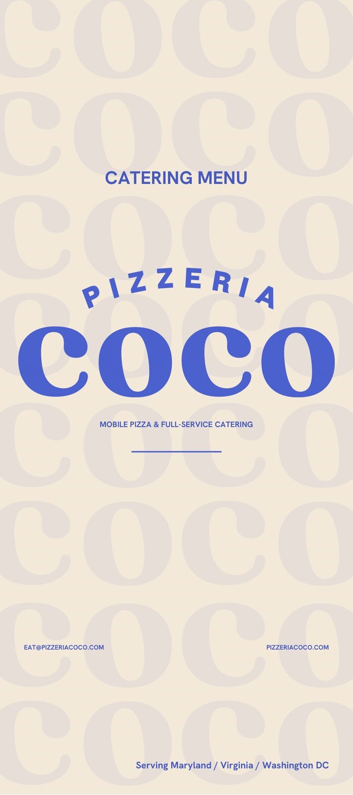 Front cover of the Pizzeria Coco catering menu