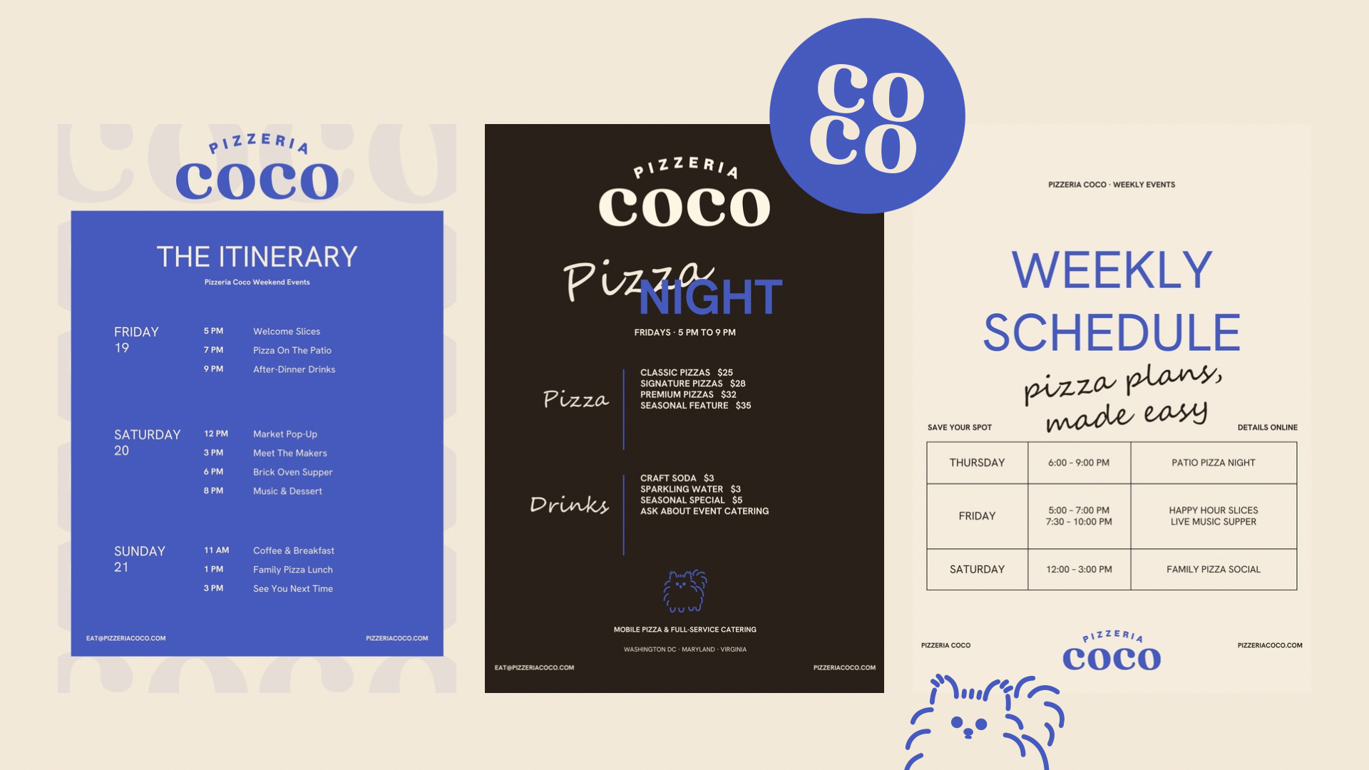 Pizzeria Coco print suite: weekend itinerary, pizza night menu and weekly schedule