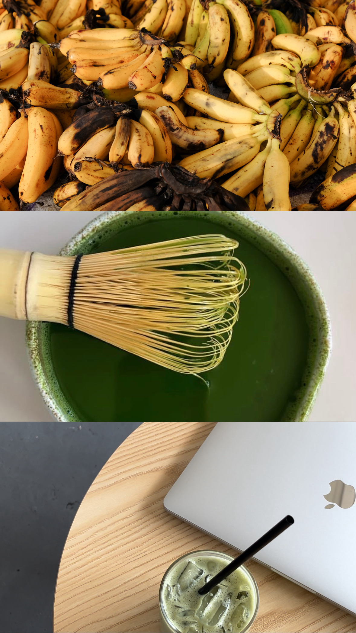 Foláké visual direction: market plantains, whisked matcha and an iced matcha at a work table