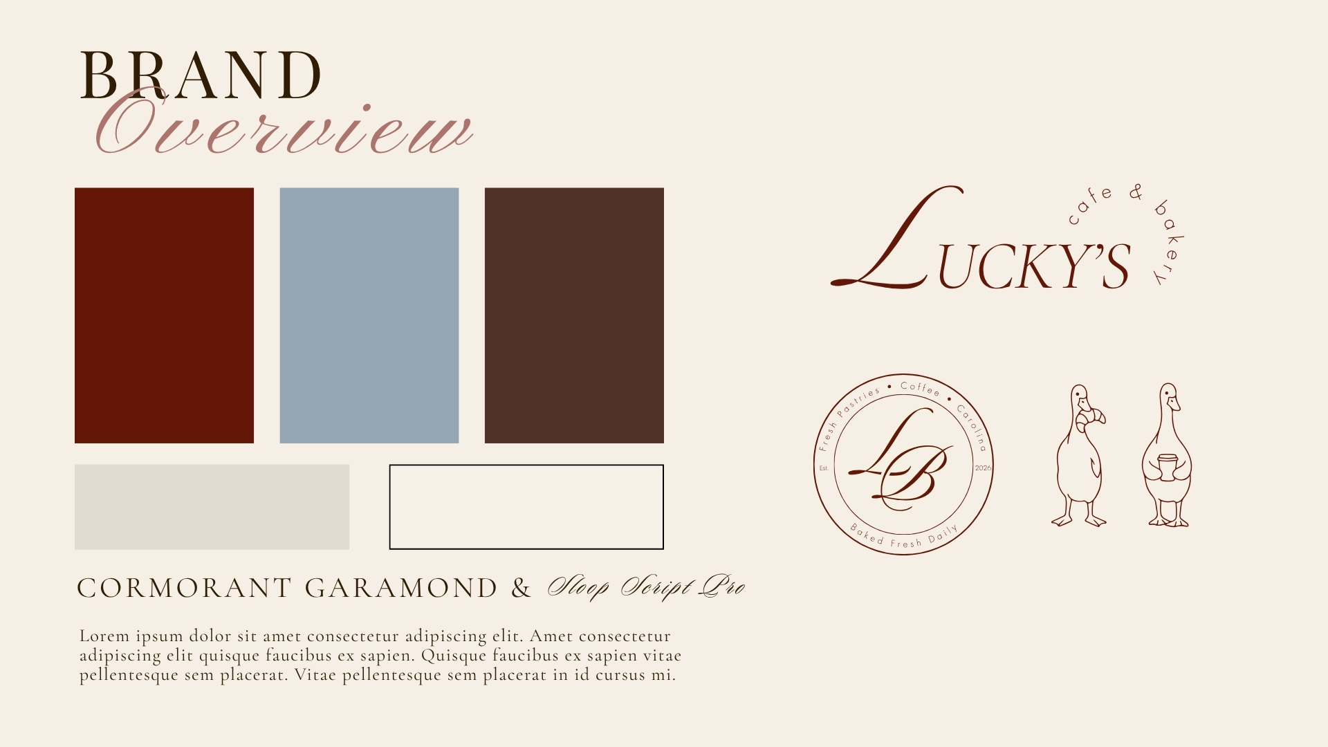 Lucky’s brand board with its color palette, typography, wordmark, monogram and illustrated marks