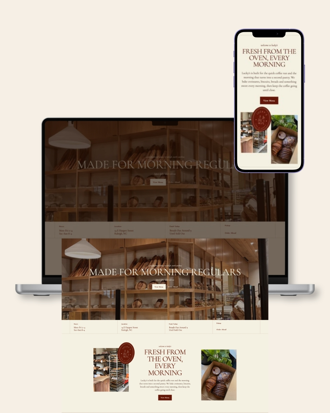 Lucky’s website shown on a laptop and phone with the homepage below