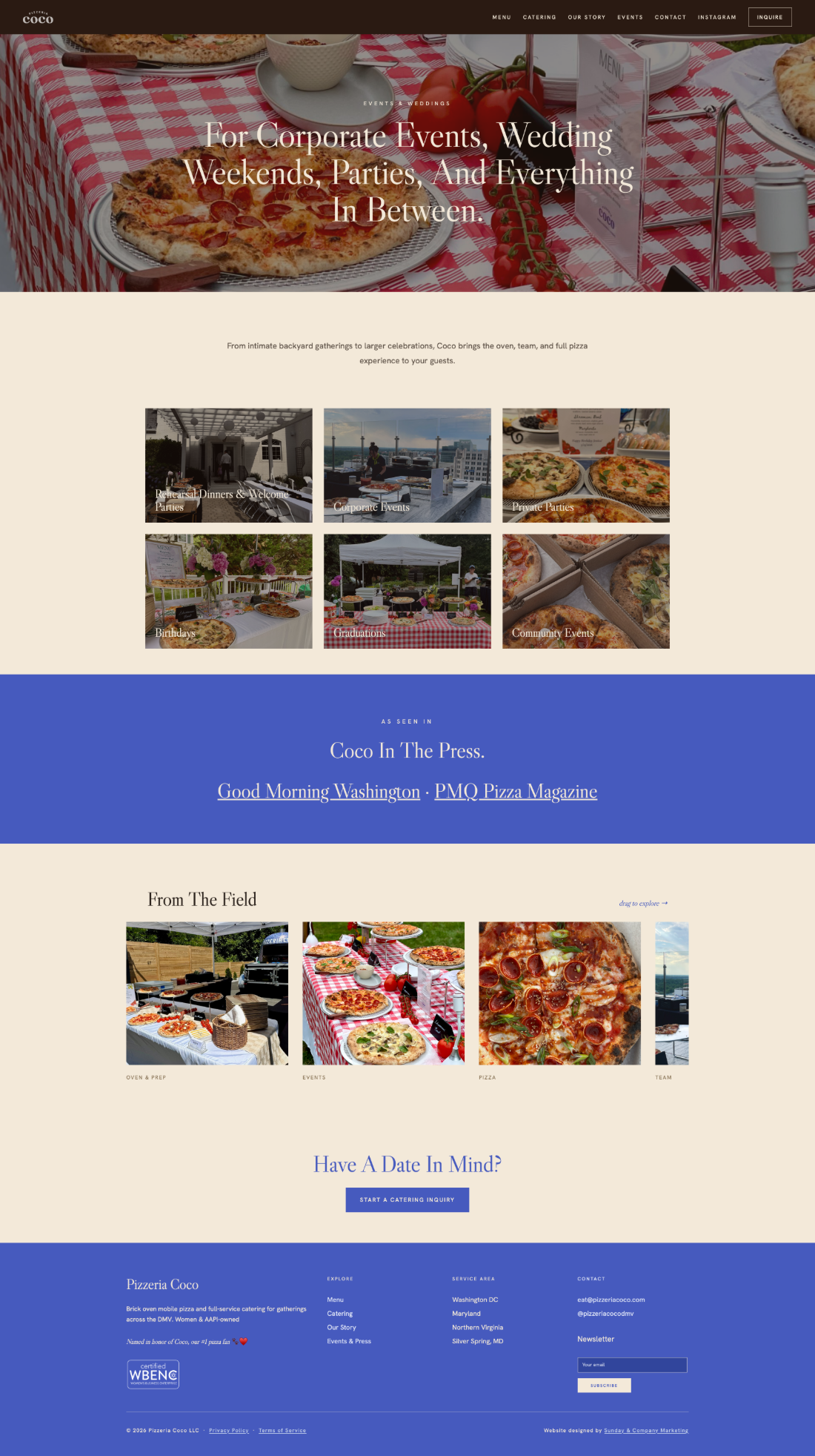 Pizzeria Coco events and weddings page