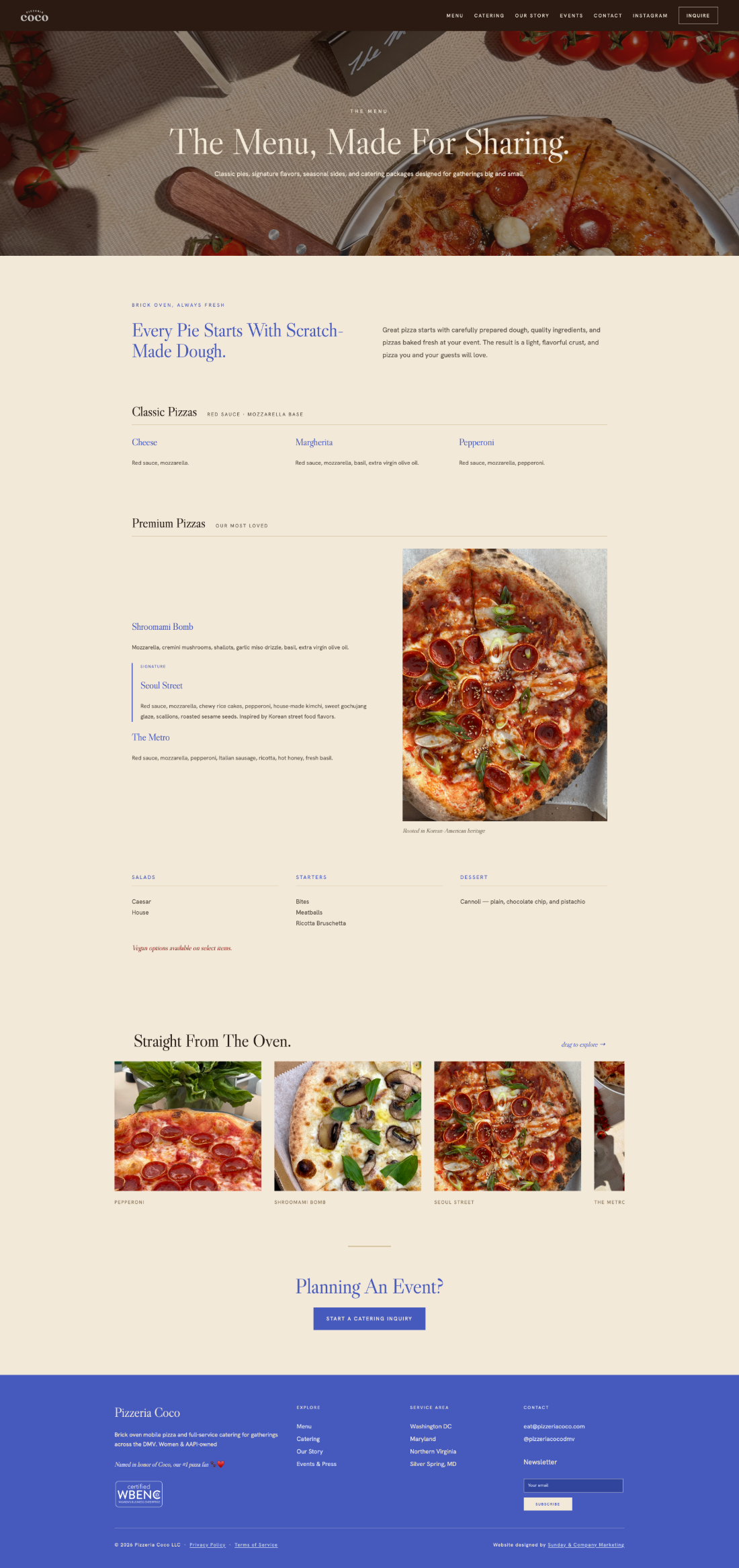Pizzeria Coco catering menu page