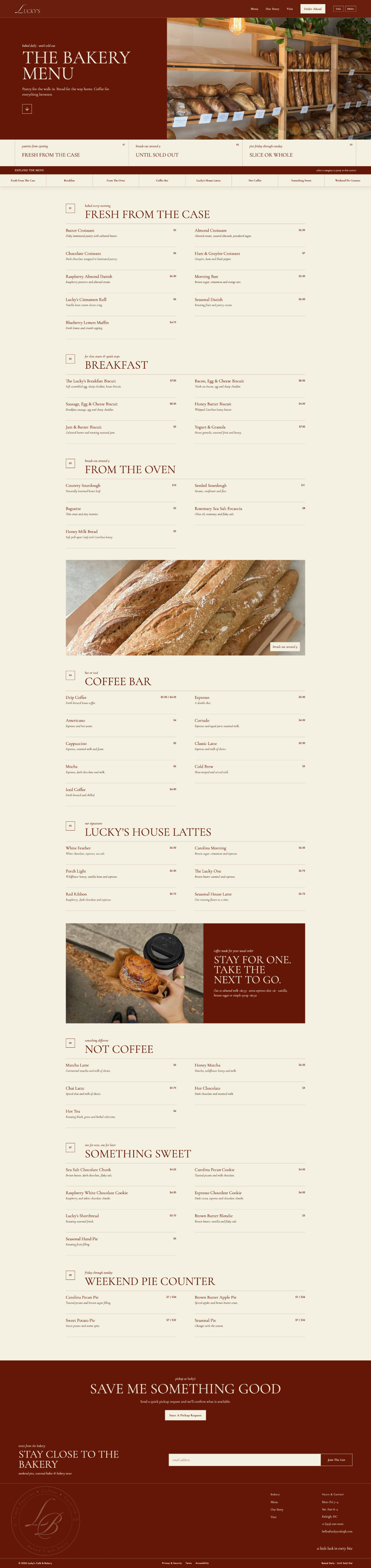 Lucky’s bakery menu page