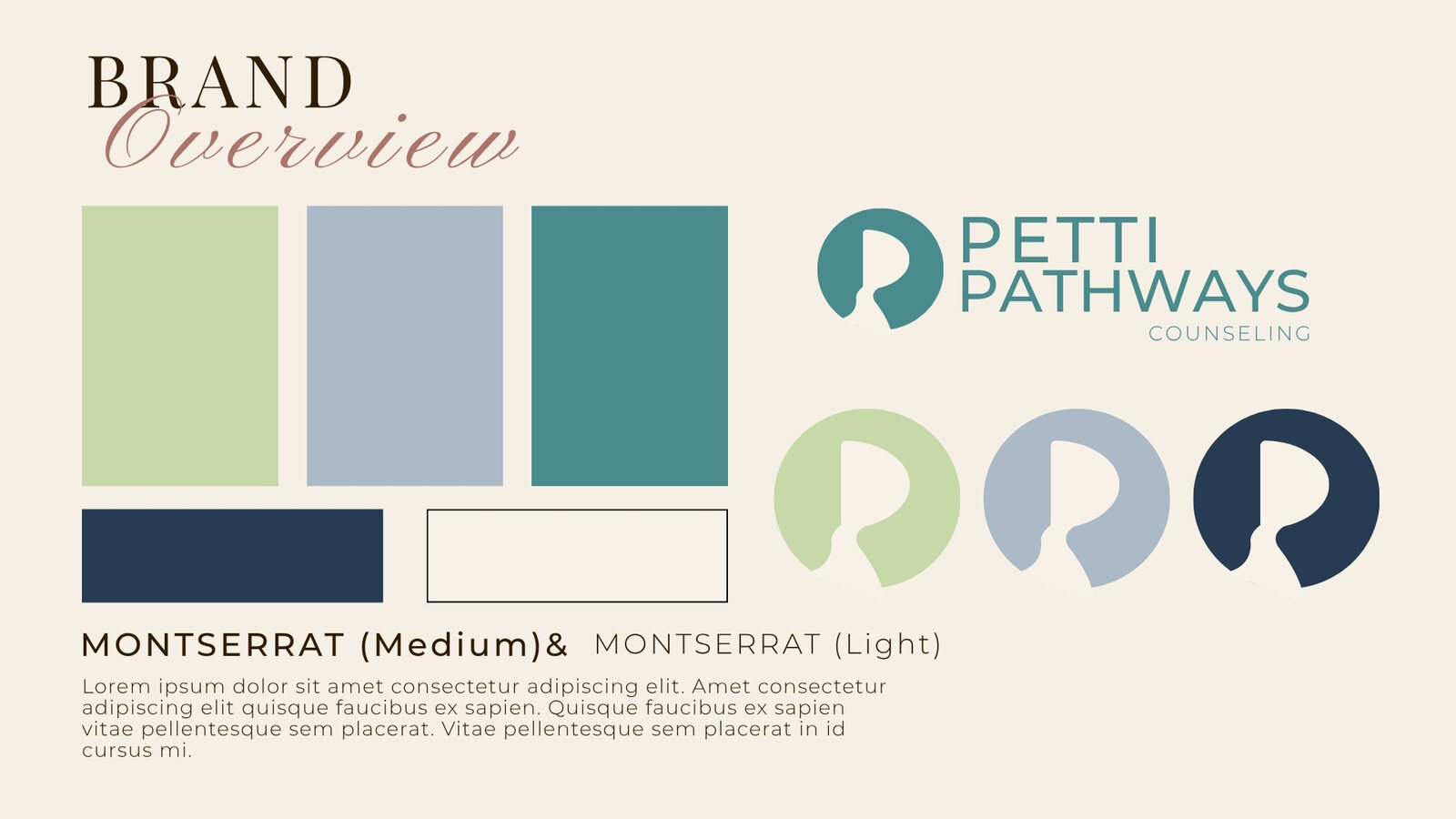 Petti Pathways brand board with teal, sage, blue and charcoal colors, logo marks and typography