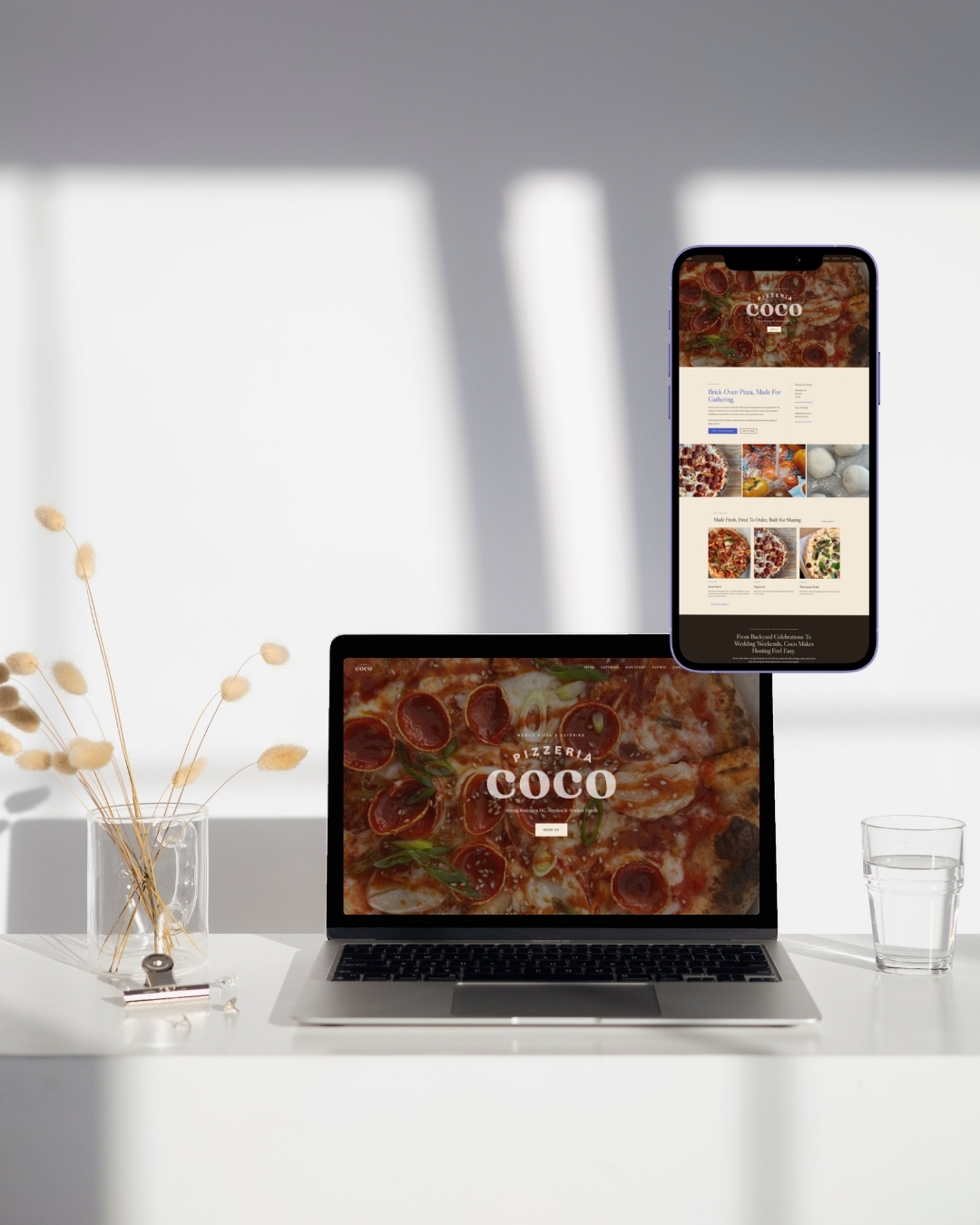 Pizzeria Coco website displayed on a laptop and mobile phone