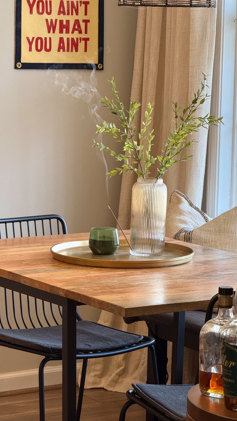 Warm wood table with greenery