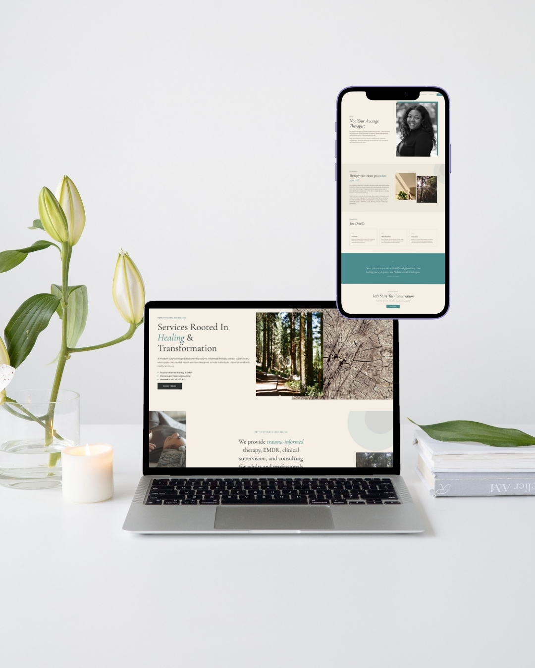 Laptop and phone mockups showing the Petti Pathways Counseling website